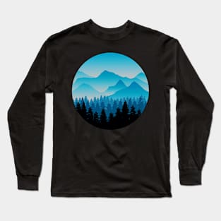 Vintage Blue Mountain and Forest Scene Silhouette Long Sleeve T-Shirt